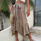 Women's Midi Skirt with Asymmetrical Hem and Tie Closure
