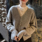 Women's Fluffy Cardigan with V-Neck and Decorative Buttons