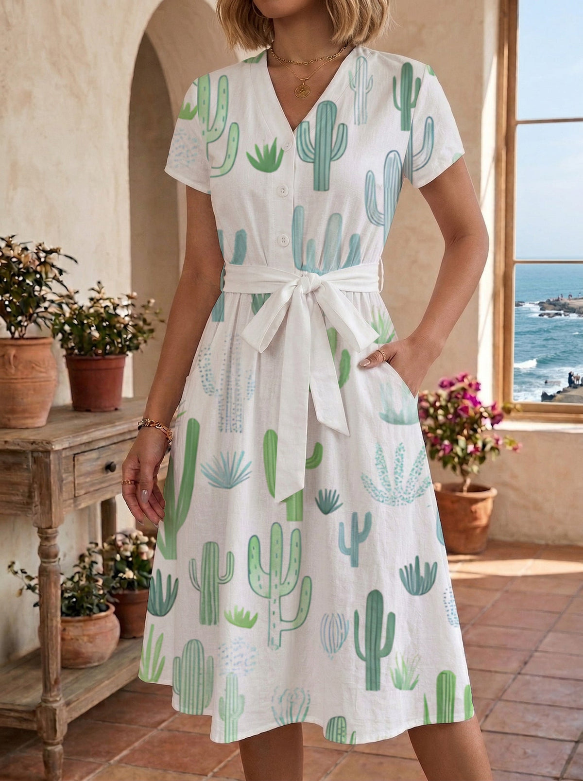Women's Floral Midi Dress with Adjustable Belt