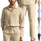 Men's relaxed linen set with open shirt collar and loose drawstring pants