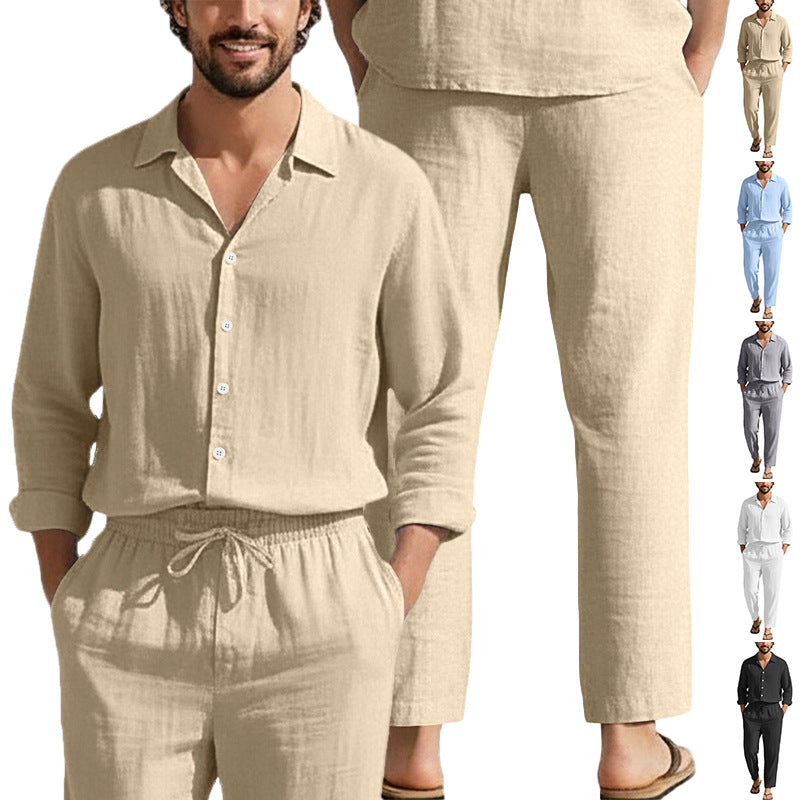 Men's relaxed linen set with open shirt collar and loose drawstring pants