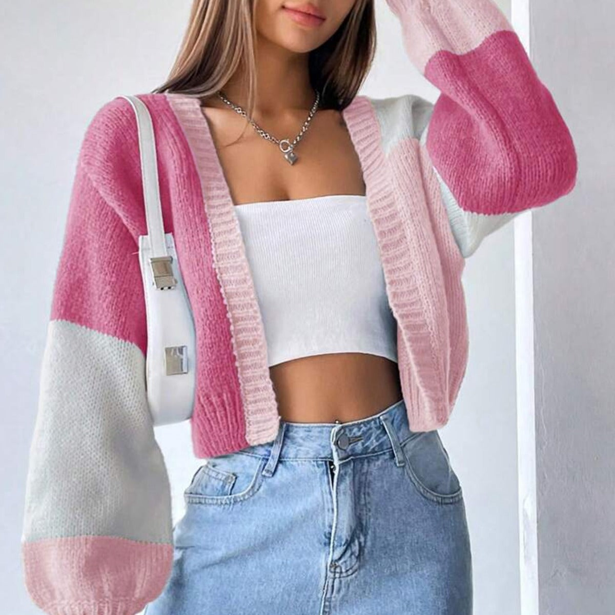Women's Chunky Knit Cardigan with Balloon Sleeves