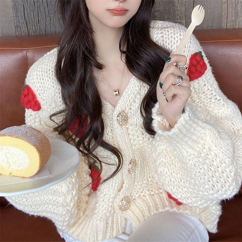 Women's Chunky Knit Cardigan with Floral Embroidery and Sparkling Buttons