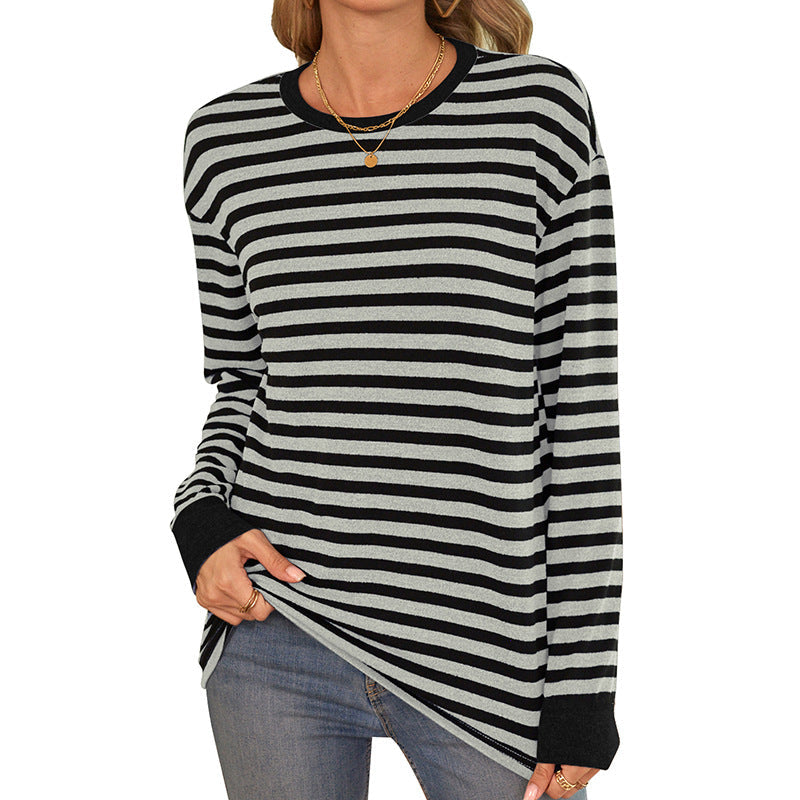 Women's Striped Long-Sleeve Shirt with Crew Neck