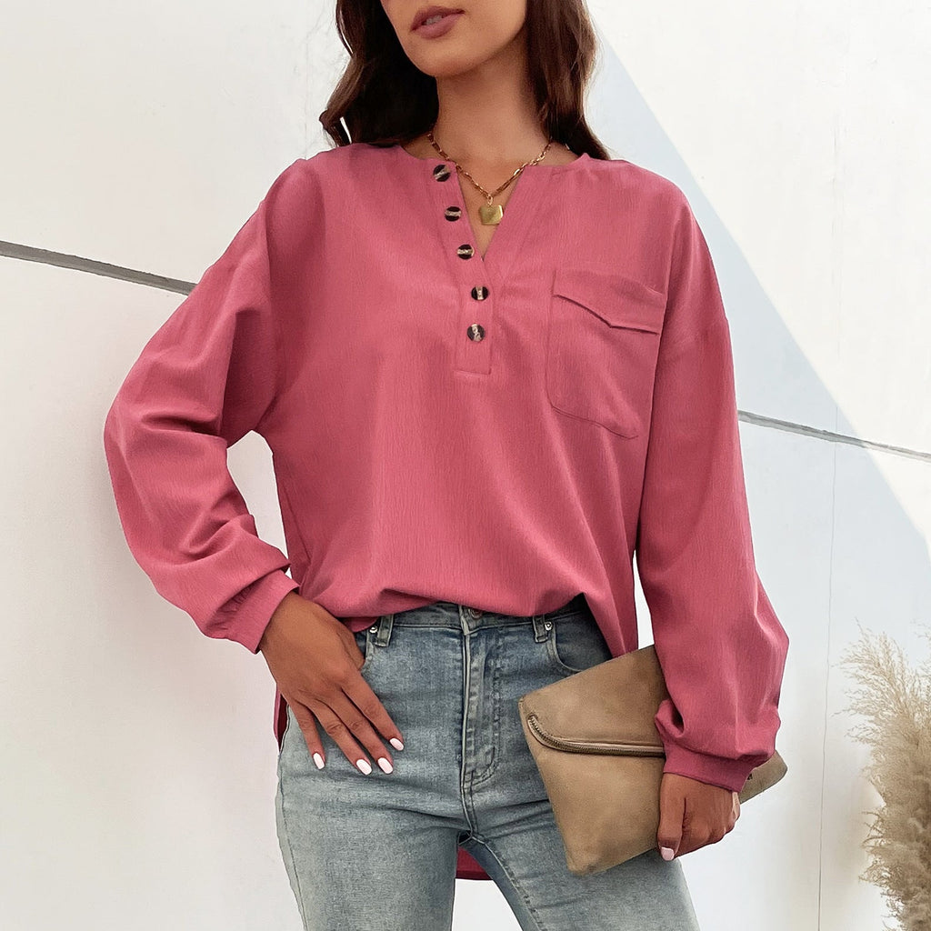 Long-Sleeve Button-Down Blouse with Chest Pocket
