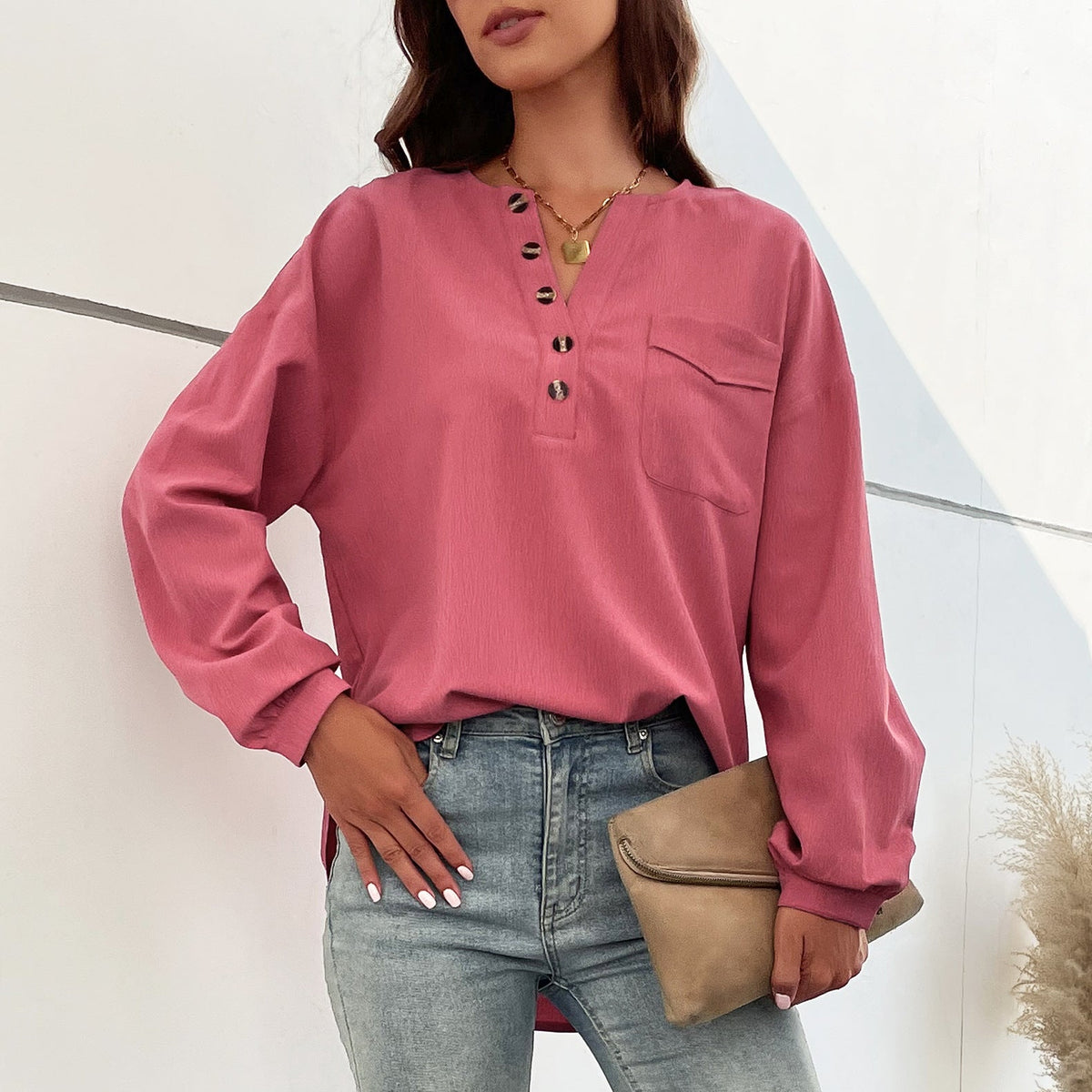 Long-Sleeve Button-Down Blouse with Chest Pocket