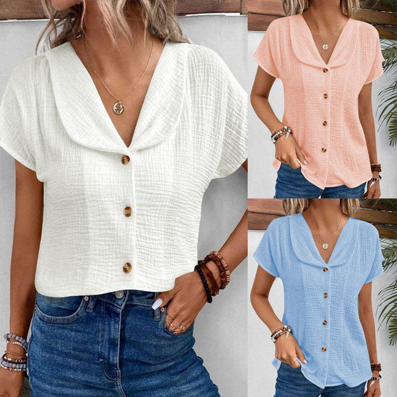 Women's Blouse with Stylish Shawl Collar and Decorative Button Details