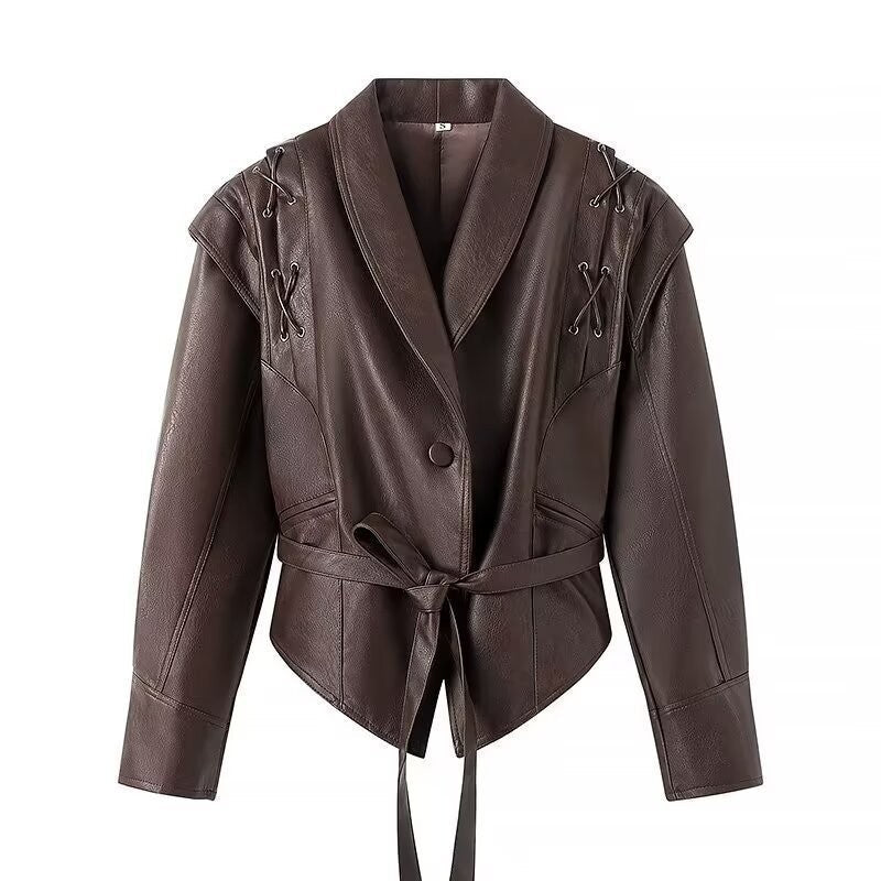 Women's Cropped Faux Leather Jacket with Asymmetric Collar