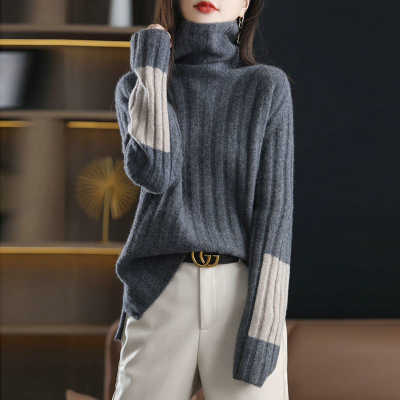 Women's Chunky Knit Turtleneck Sweater with Striped Pattern