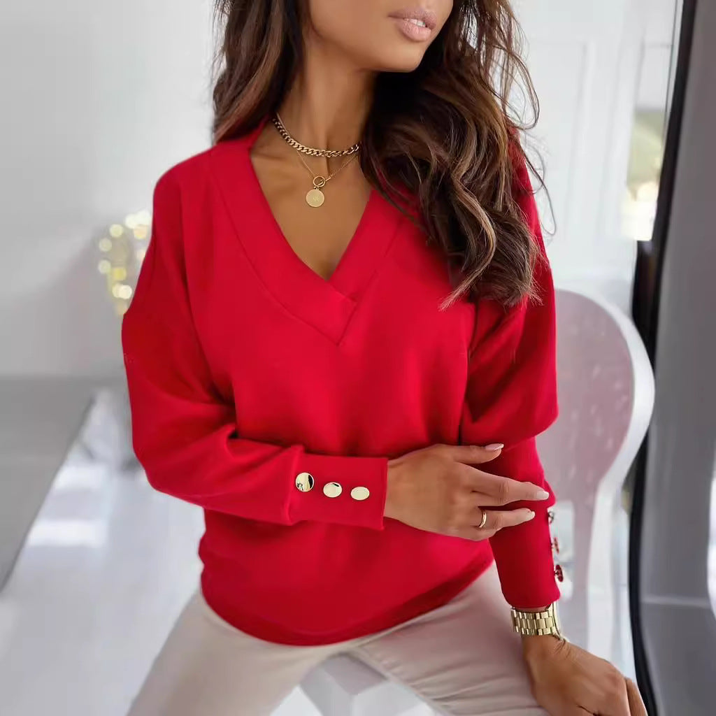 Women's Elegant V-Neck Sweater with Button Details