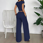 Women's Casual Two-Piece Set with Cropped Top and Wide-Leg Pants