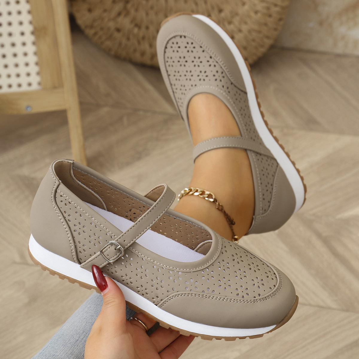 Women's Ballet Flats with Elegant Strap and Perforated Texture