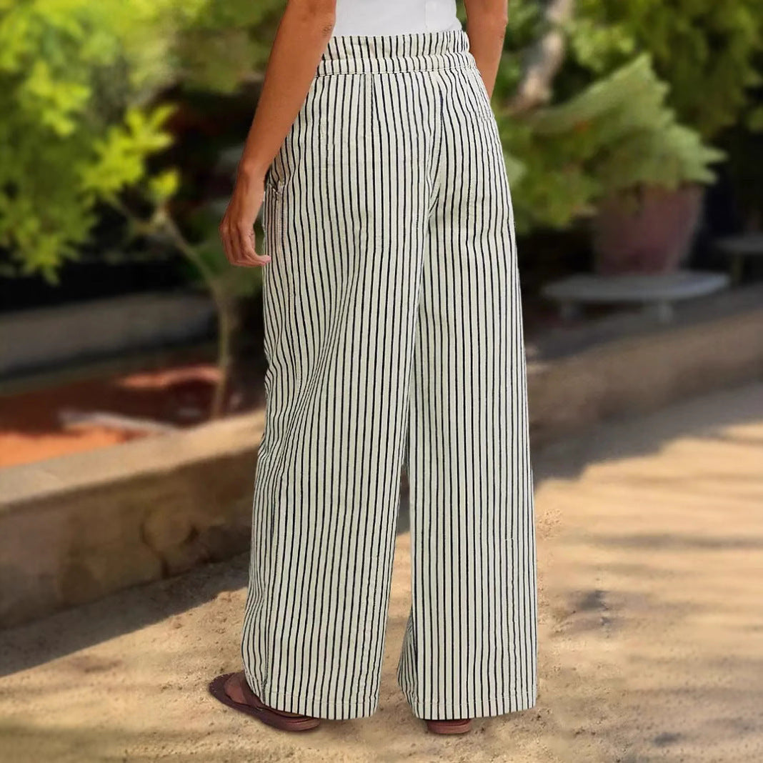 Women's Comfortable Beach Pants with Casual Stripe Pattern and Braided Waistband