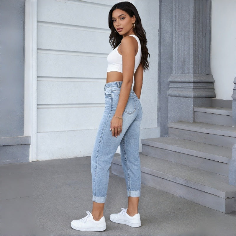 Women's High-Waisted Jeans with Frayed Hem