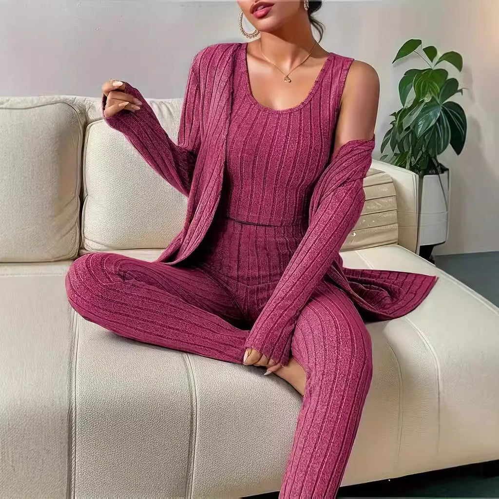 Women's Ribbed Lounge Set with Cropped Top, High-Waist Leggings and Long Cardigan