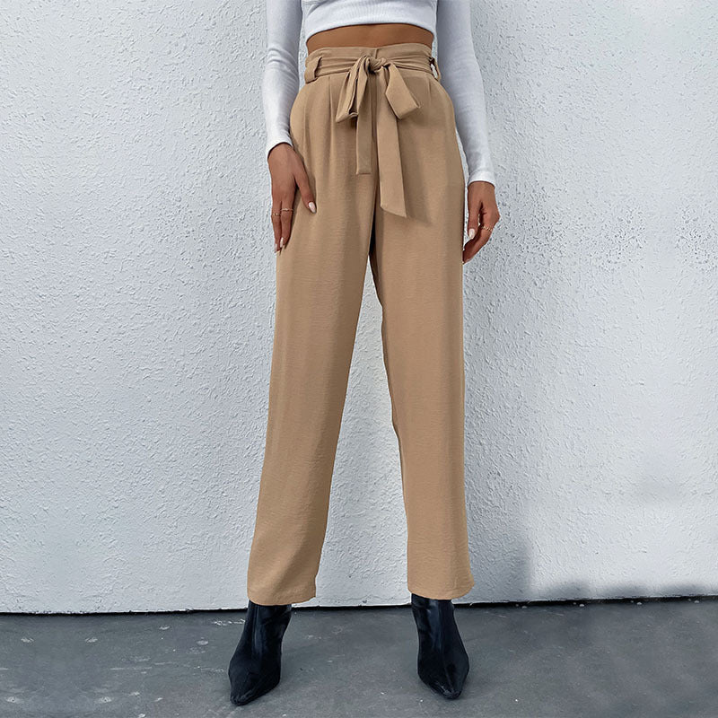 Women's Elegant High-Waist Trousers with Tie Belt