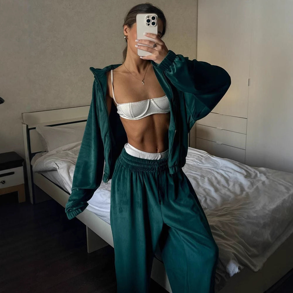 Women's Casual Lounge Two-Piece Set with Oversized Zip Jacket and Wide Leg Pants