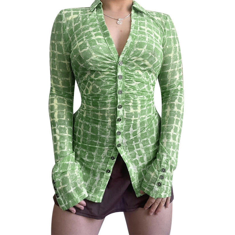 Women's Fitted Blouse with Ruffle Design and Button Closure