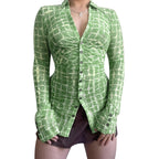 Women's Fitted Blouse with Ruffle Design and Button Closure
