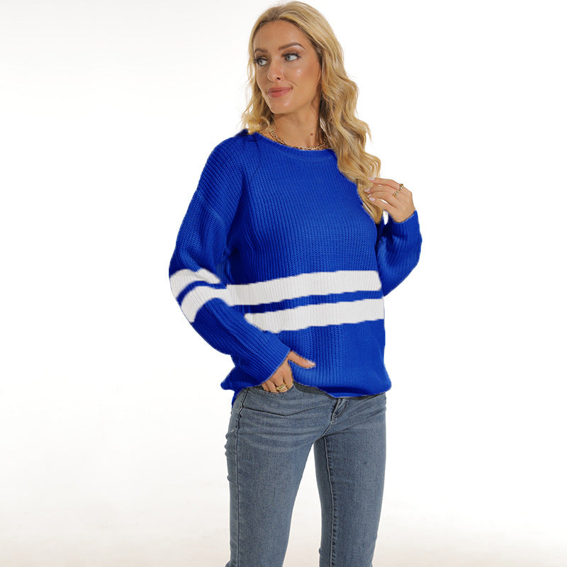 Women's Chunky Knit Sweater with Sporty Stripe Pattern and Loose Fit