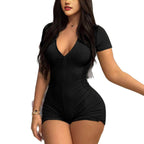 Women's Form-Fitting Short Jumpsuit with V-Neck and Zipper