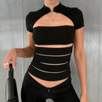 Women's Cropped Blouse Shirt in Durable Stretch Material with Elegant Stand-Up Collar