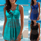 Women's Swim Dress with Ruching and Lace Pattern