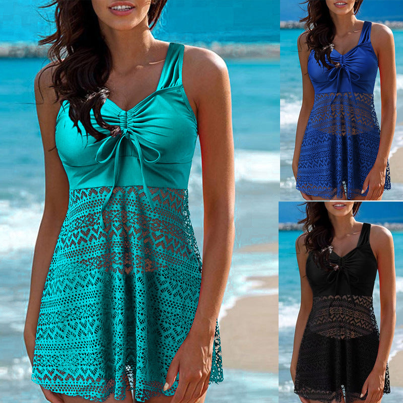 Women's Swim Dress with Ruching and Lace Pattern