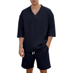 Unisex Casual Lounge Set with V-Neck Top and Drawstring Shorts