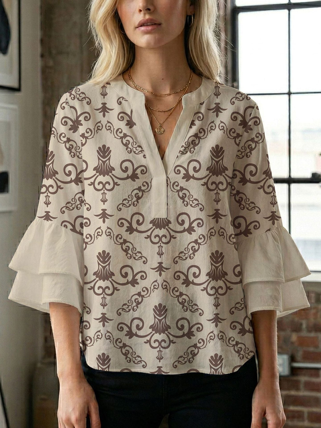 Women's Blouse Shirt with Voluminous Sleeves and Creative Print Design
