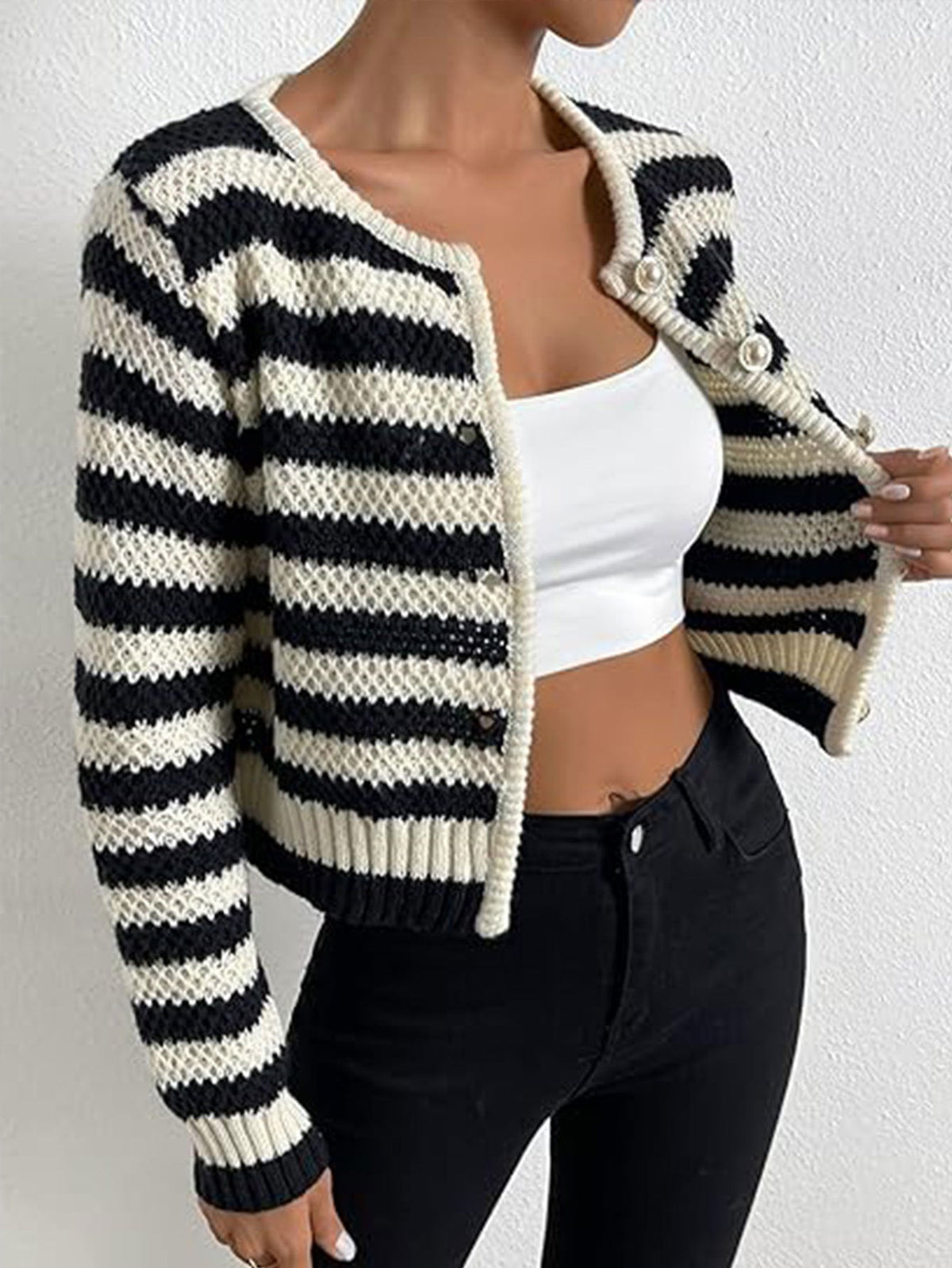 Women's Striped Cardigan with Decorative Buttons