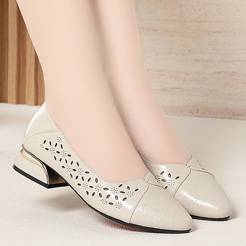 Women's Ballet Flats with Decorative Cut-Out Design and Block Heel