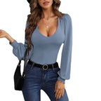 Women's Fitted Long-Sleeve V-Neck Shirt with Balloon Sleeves