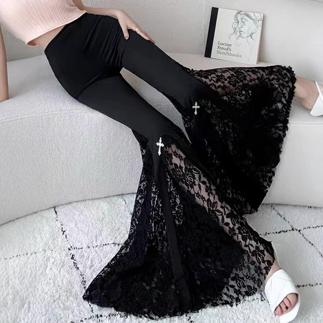 Women's Elegant Flared Pants with Lace Appliqués