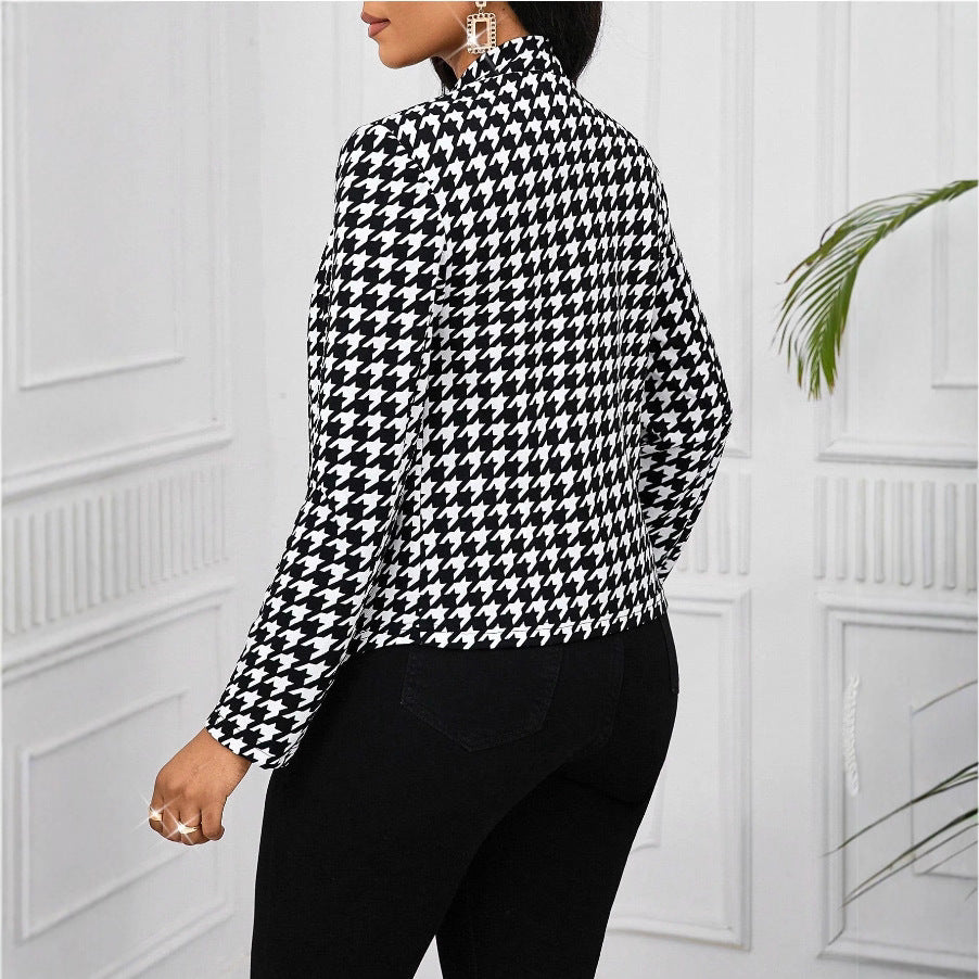 Women's Elegant Houndstooth Blazer with Shiny Buttons