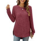 Women's Casual Ribbed Long-Sleeve Shirt with Side Slits