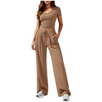Ladies Casual Lounge Set with Tailored V-Neck Cropped Top and Loose Drawstring Pants