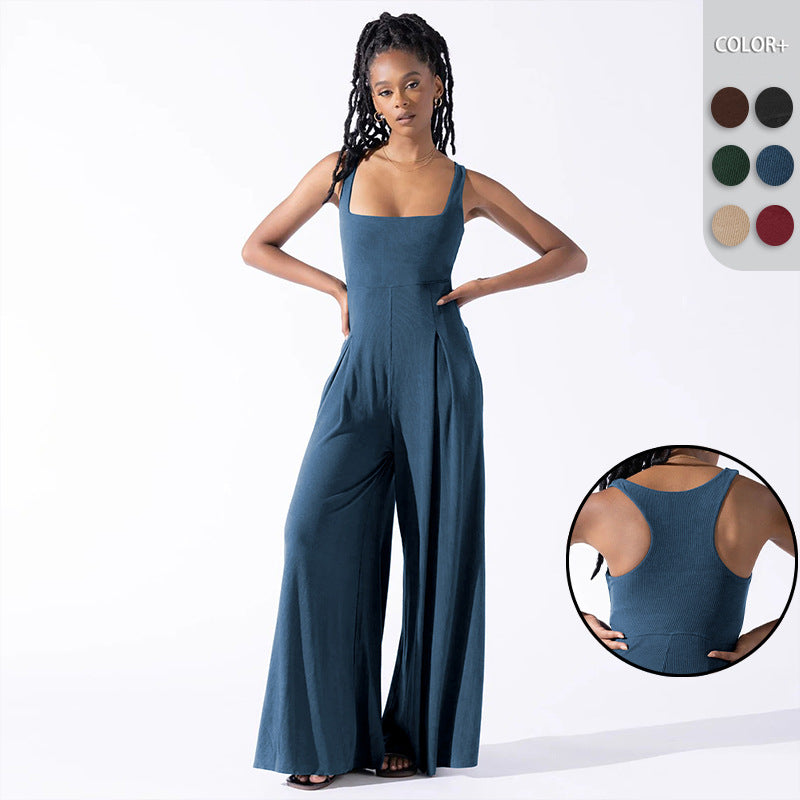 Elegant Jersey Jumpsuit with Wide Legs and Deep Neckline