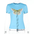Women's Basic T-Shirt with Butterfly Print and Adjustable Drawstring