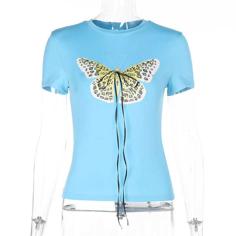 Women's Basic T-Shirt with Butterfly Print and Adjustable Drawstring