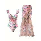 Women's Swimwear with Elegant Wrap Skirt and Floral Design