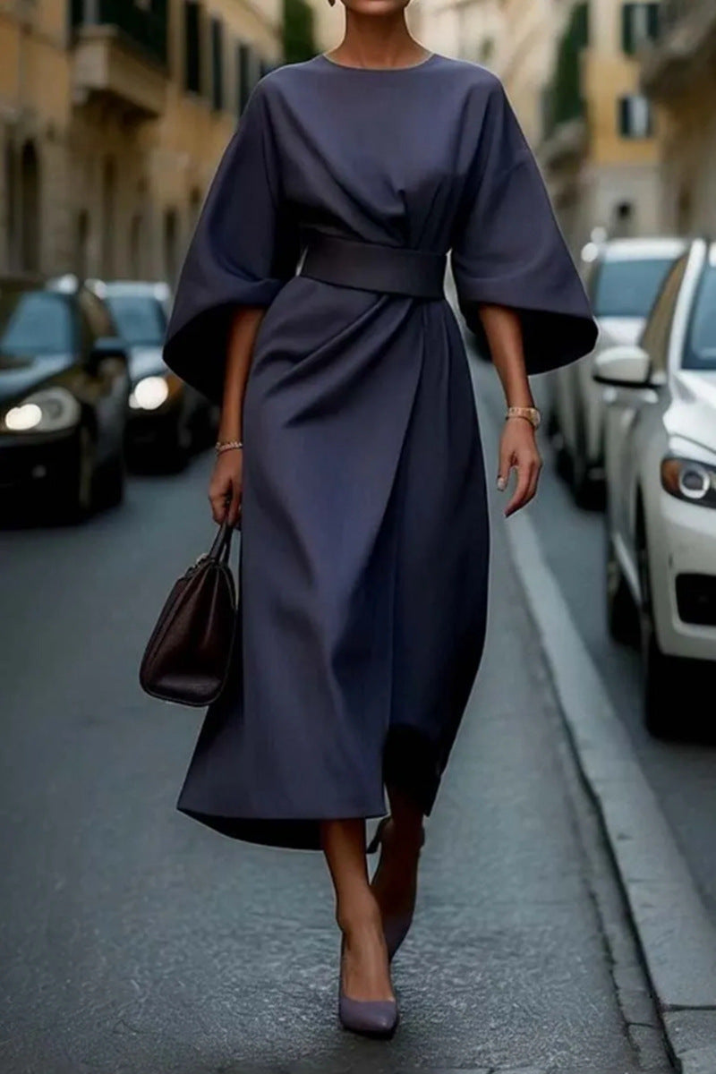 Women's Elegantly Cut Maxi Dress with Puff Sleeves and Fitted Belt