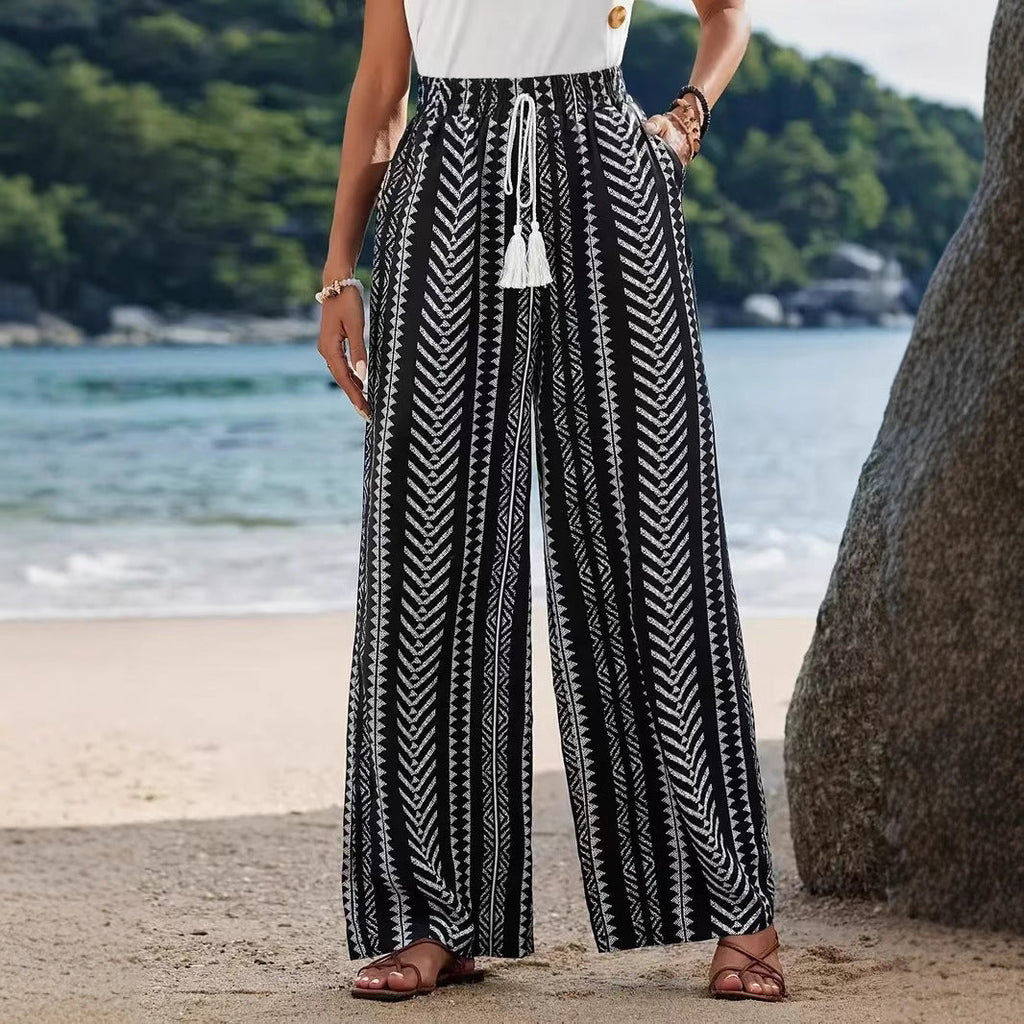 Women's Wide-Leg Palazzo Pants with Elastic Waist and Pattern