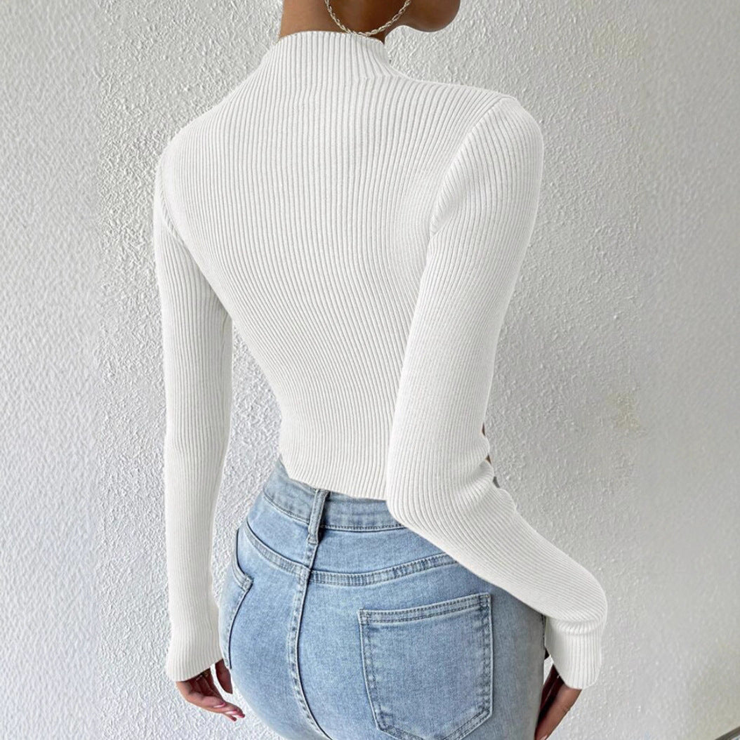 Women's Fine Knit Sweater with Mock Neck and Waveless Design