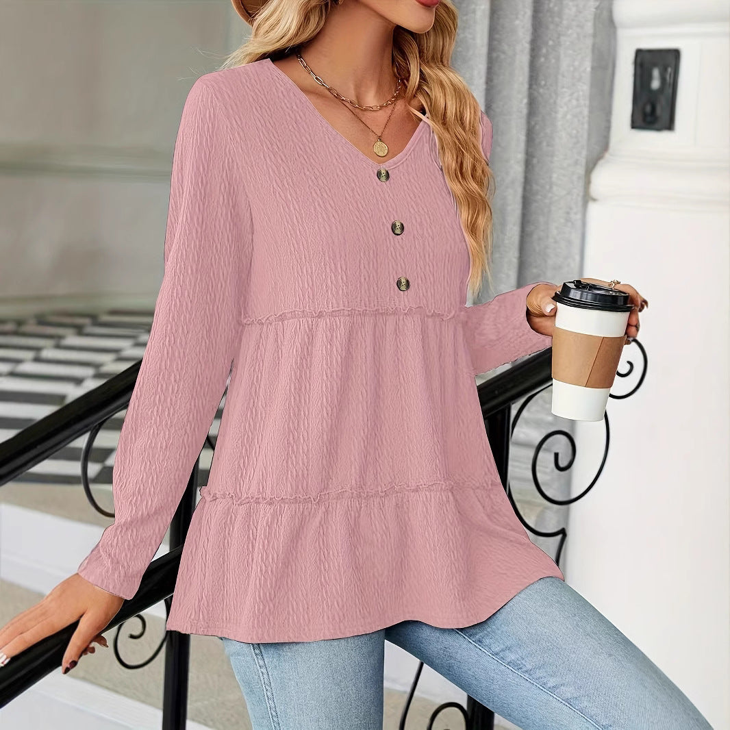 Women's Sleeveless V-Neck Shirt with Button Details and Voluminous Hem