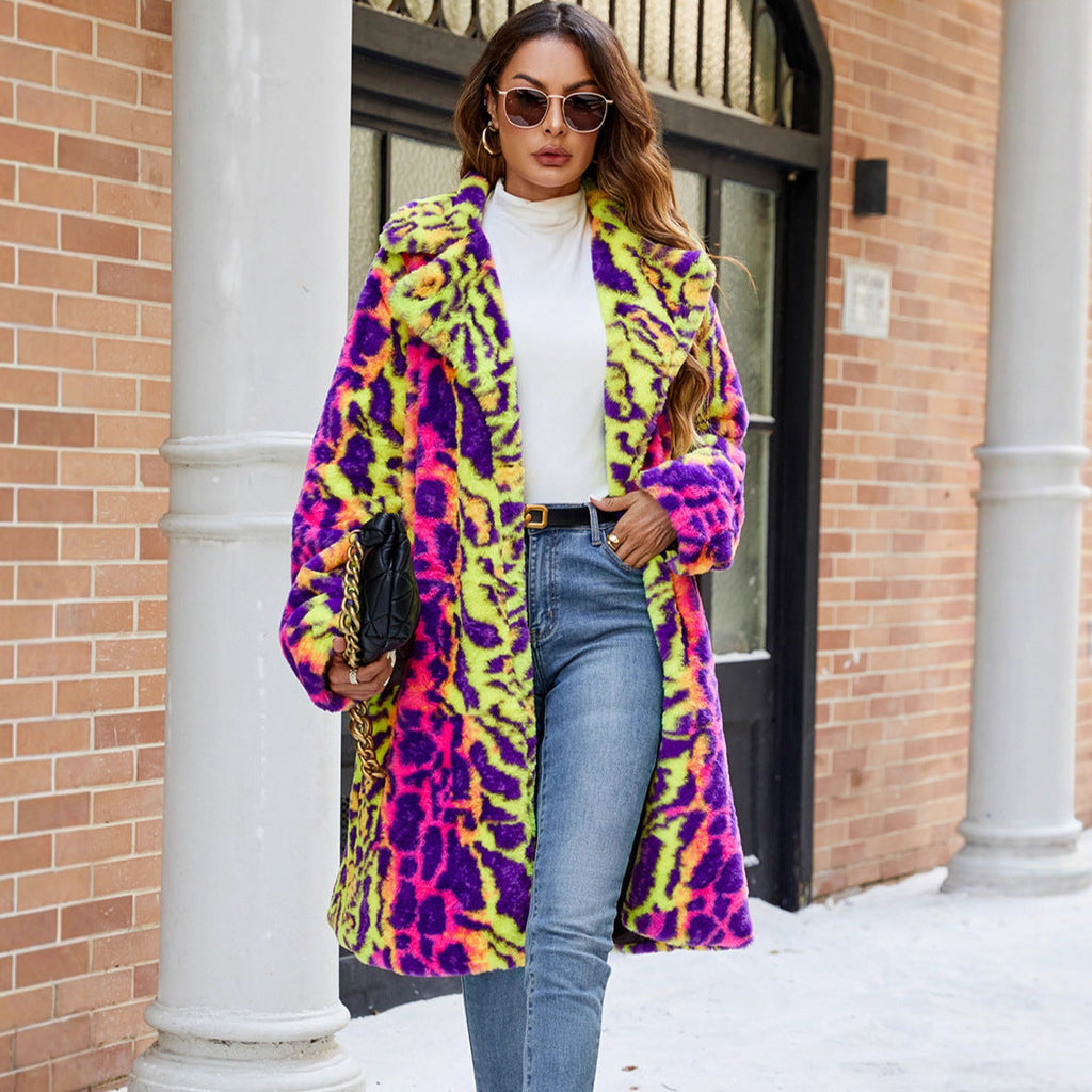 Women's Fluffy Faux Fur Coat in Vibrant Pattern
