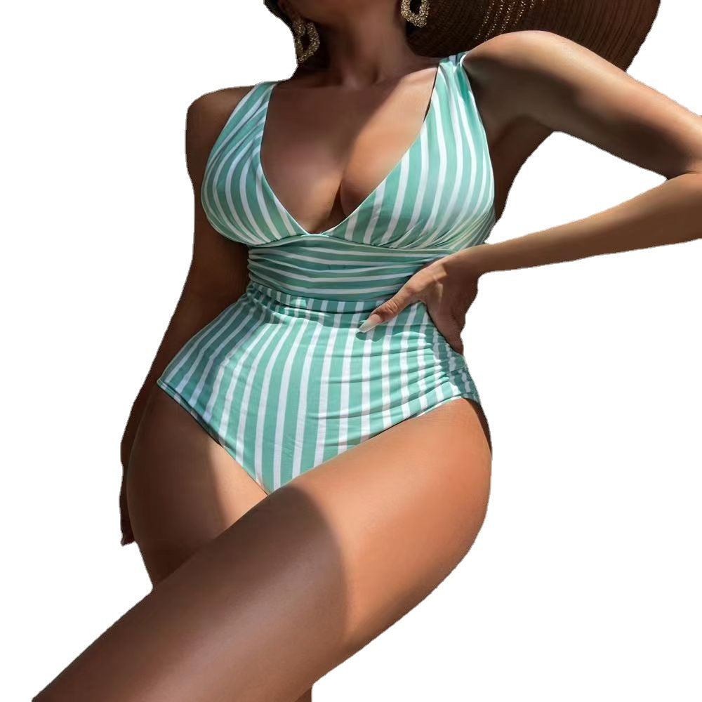 Women's Deep V-Neck Striped Swimsuit