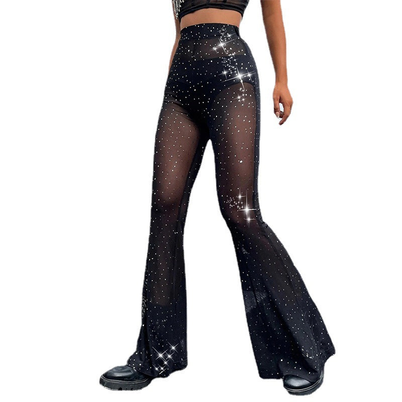 Women's Glittering Palazzo Pants with Sheer Panels
