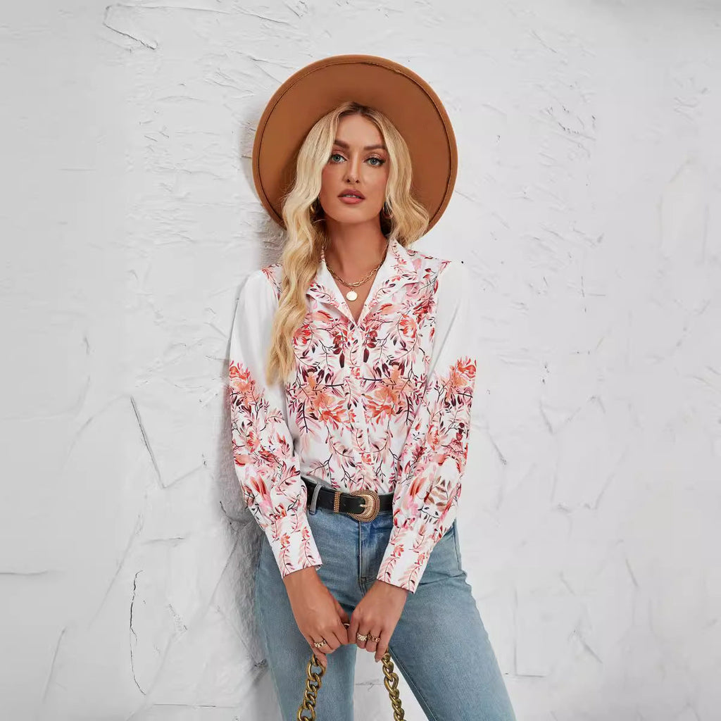 Women's Blouse with Floral Accents and Elegant Button Placket