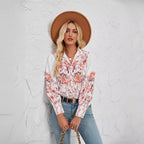 Women's Blouse with Floral Accents and Elegant Button Placket